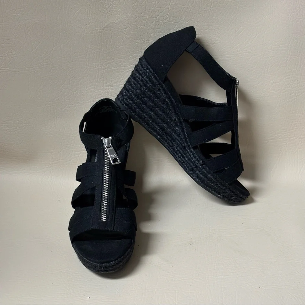Ralph Lauren Kelcie Fabric Open Toe Casual Espadrille Wedge Sandals  Blk Sz 9